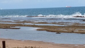 Ein Strand mit felsigem Gelände und einem Schiff in der Ferne.