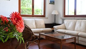 Una sala de estar con un sofá, una mesa de centro y un sillón de mimbre. Se ven ventanas con vistas a zonas verdes.