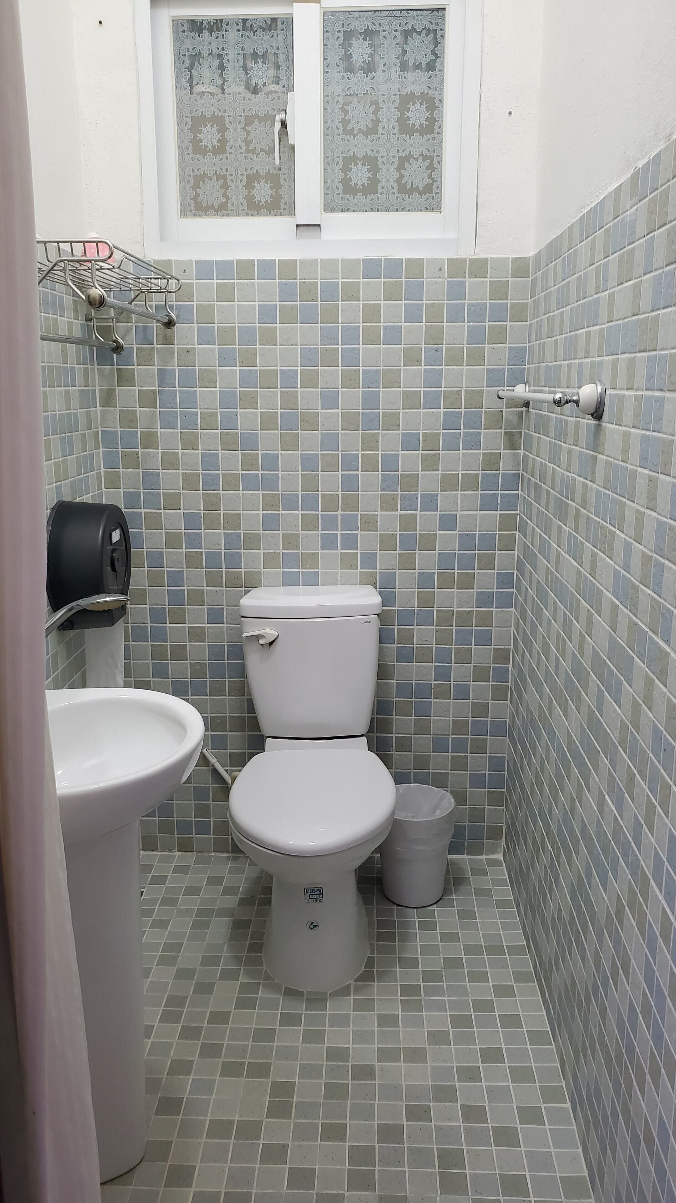 A small bathroom with a toilet, sink, and a trash bin.