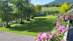 Un jardín bien cuidado con cerca blanca, césped y plantas en flor.