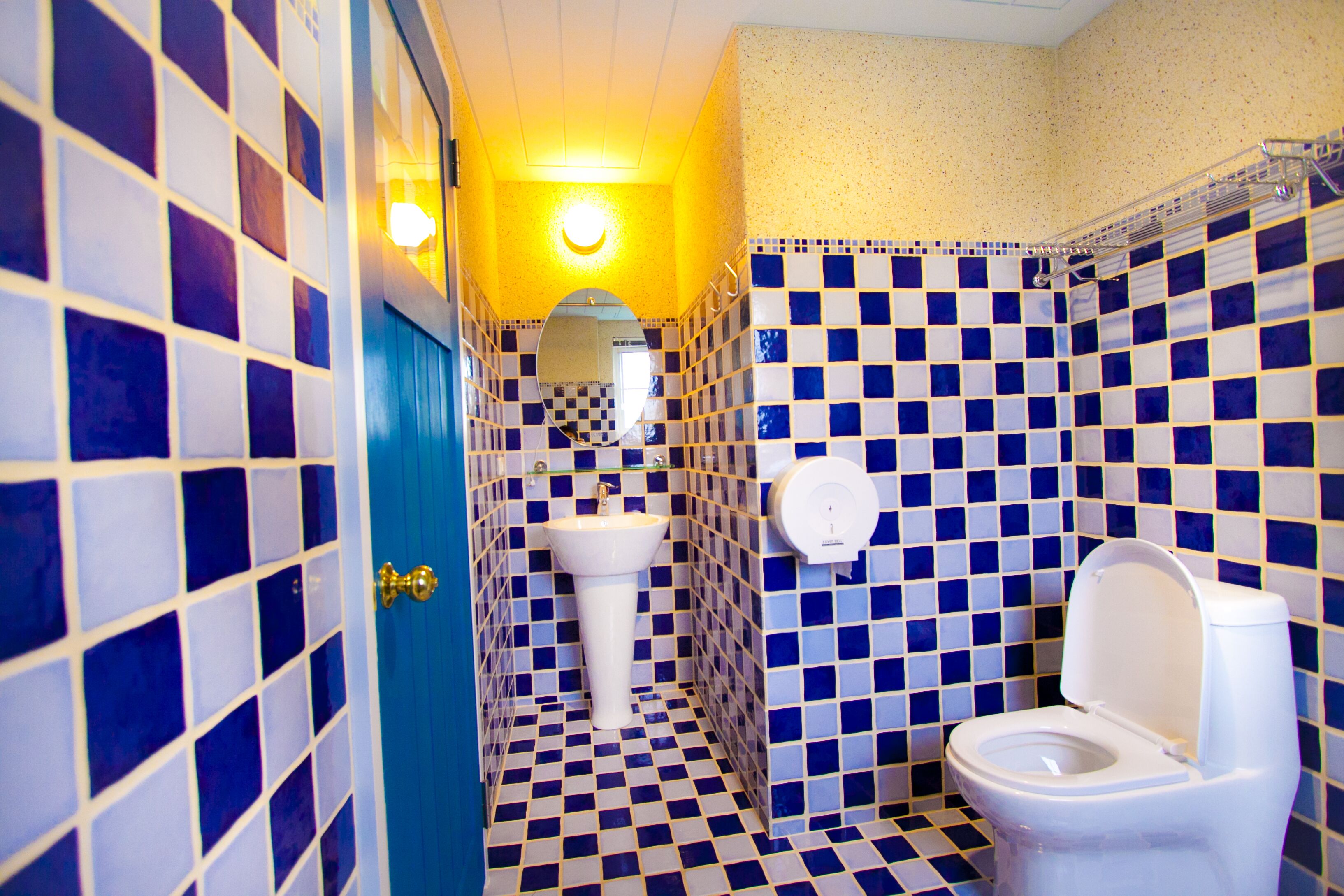 A bathroom with blue and white checkered tiles, a white sink, and a toilet.