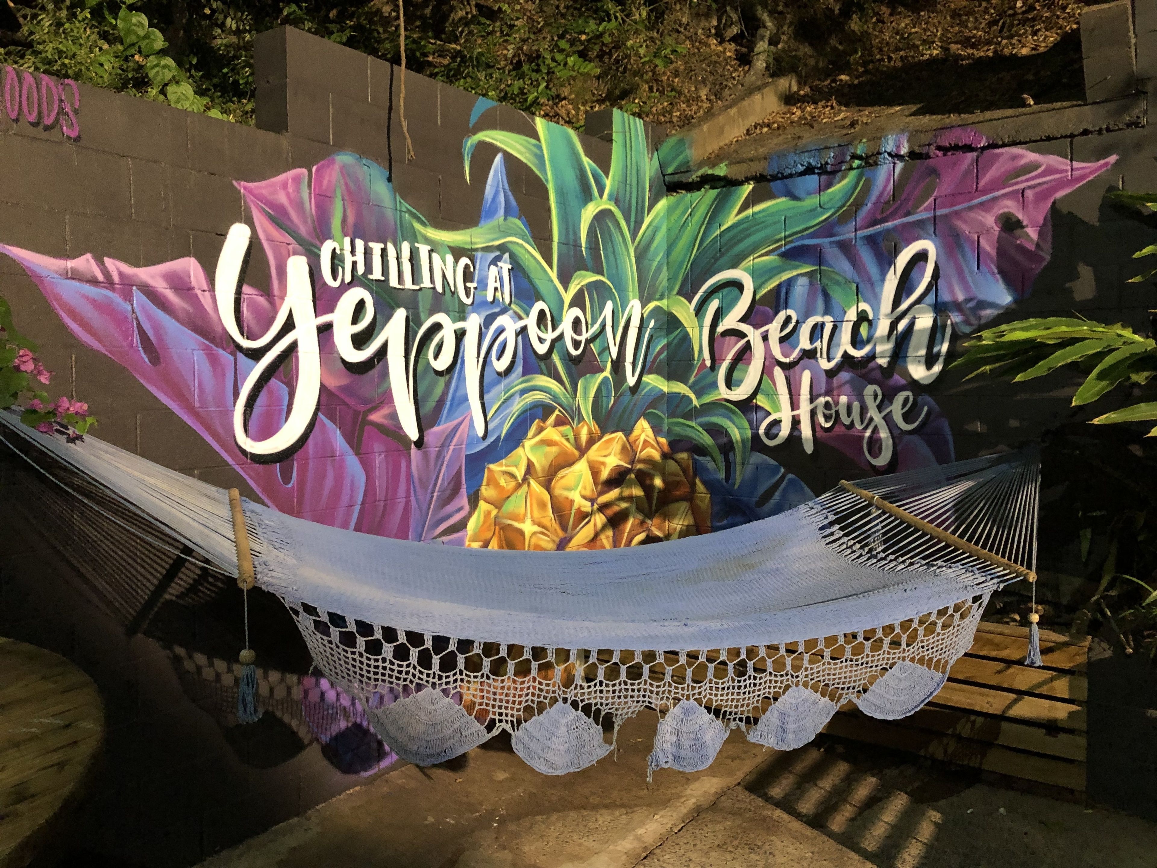 A hammock with a colorful mural of tropical flowers and the text "Chilling at Ypsilon Beach House".
