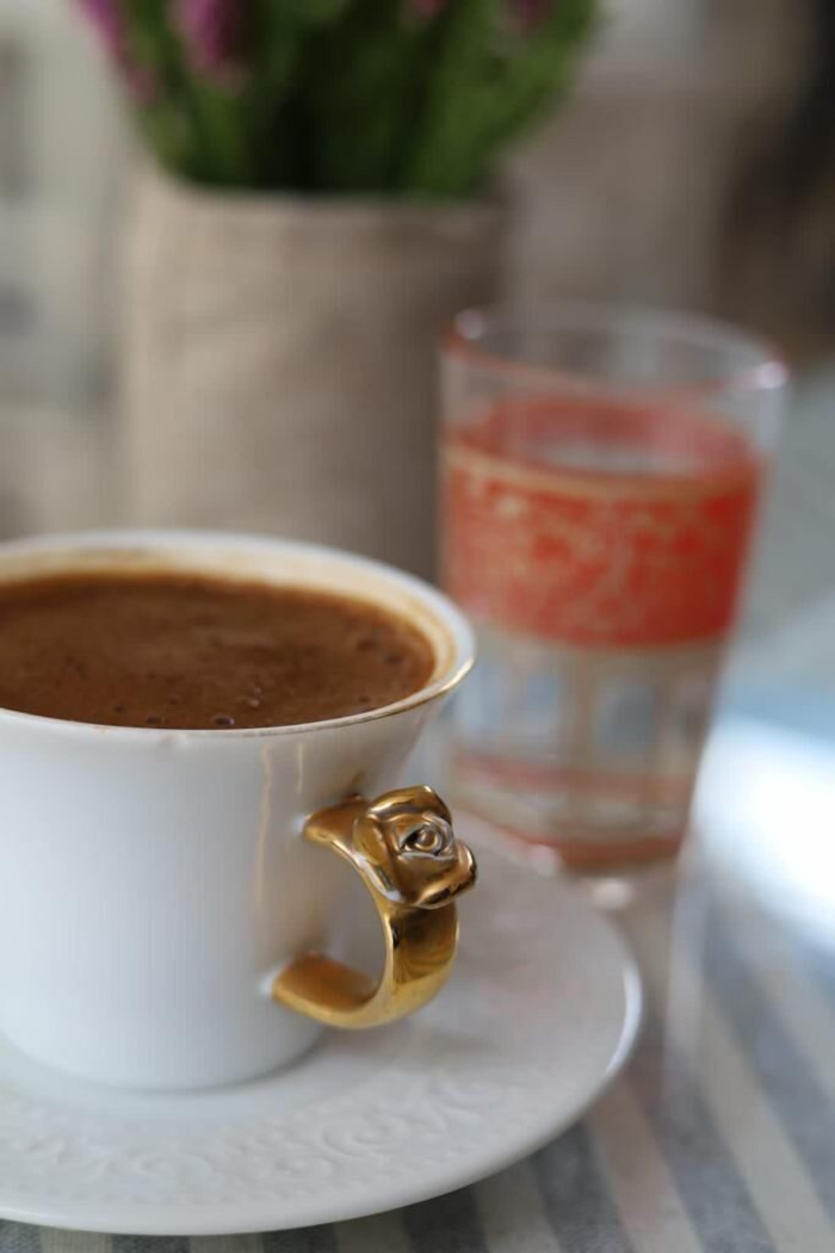 A white cup with a gold handle on a white saucer, a glass of water, and a blurred background with a plant.