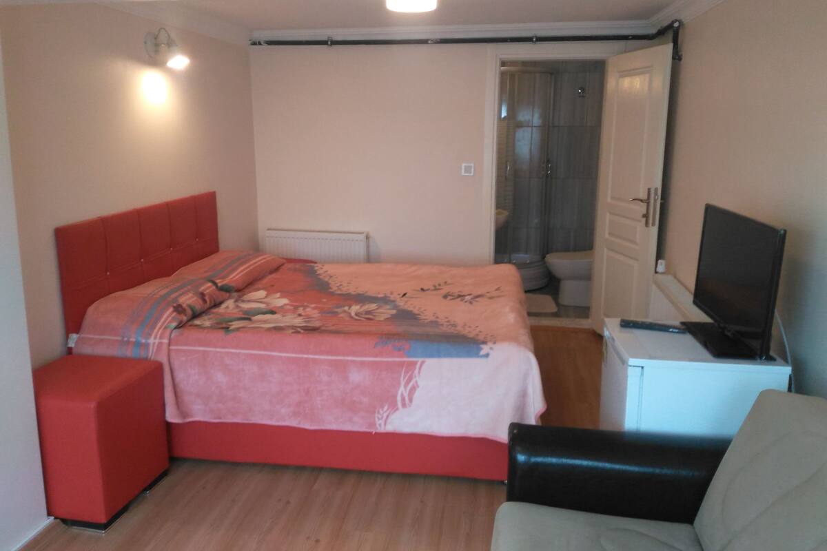A bedroom with a bed, a red chair, a TV, and a bathroom visible through an open door.