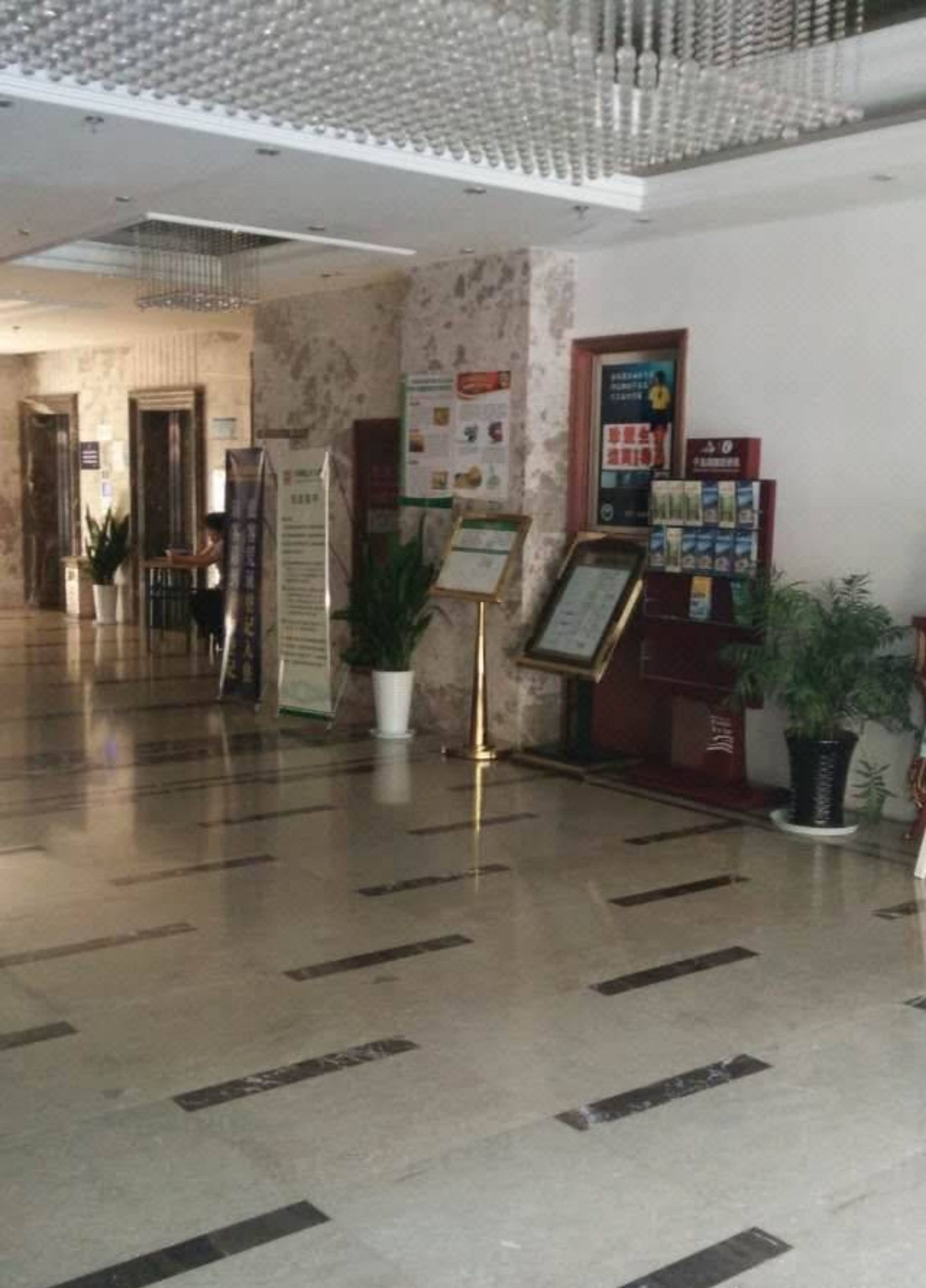 A spacious lobby with a marble floor, a reception desk, informational posters, and potted plants.