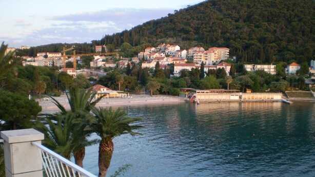 A coastal town with buildings along the waterfront, a bridge, and a palm tree in the foreground. - Karla Apartments (Dubrovnik)