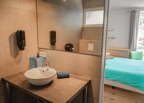 Shower, free toiletries, hair dryer, towels