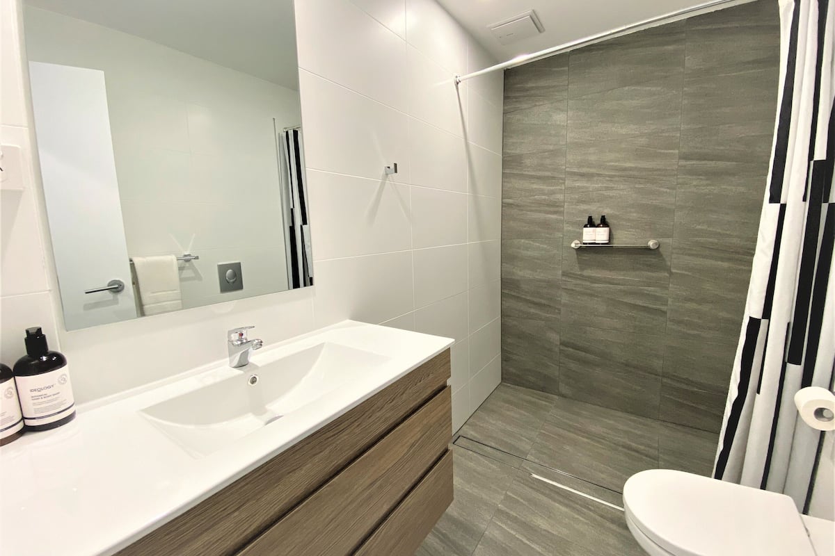 lakeview queen room | bathroom | shower, hair dryer, towels, soap