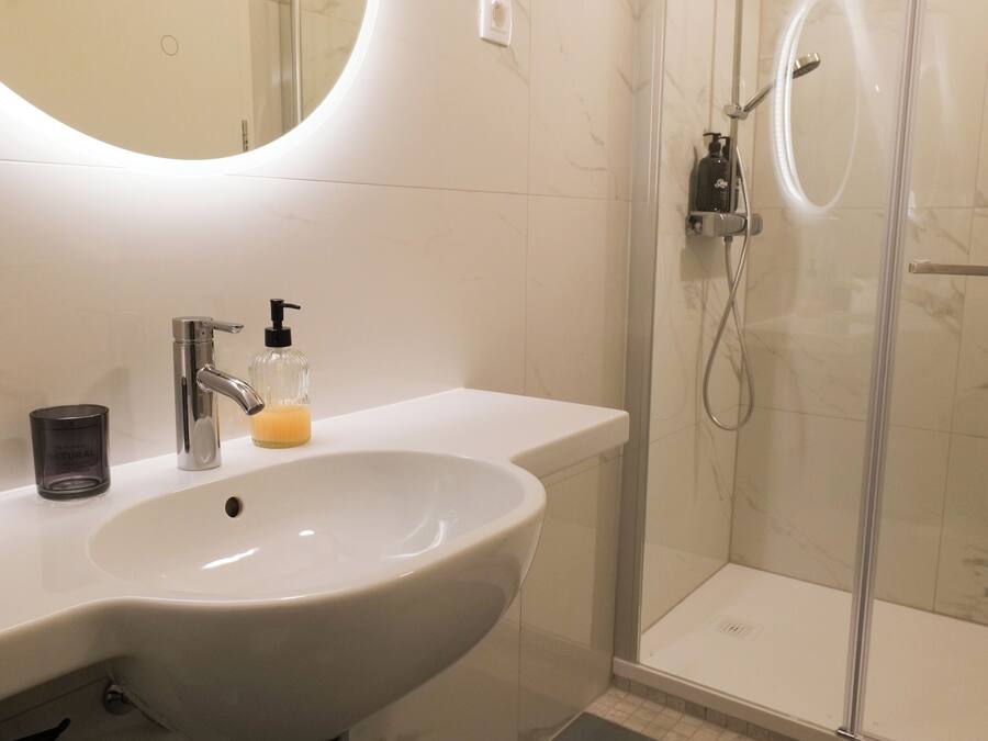 A bathroom with a large sink, a mirror, a shower, and a soap dispenser.