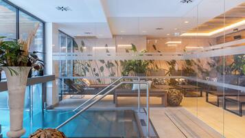 Outdoor pool, pool umbrellas, pool loungers