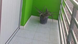 A balcony with a green wall, a potted plant, and a metal railing. - Casa Tchichi (São Filipe)