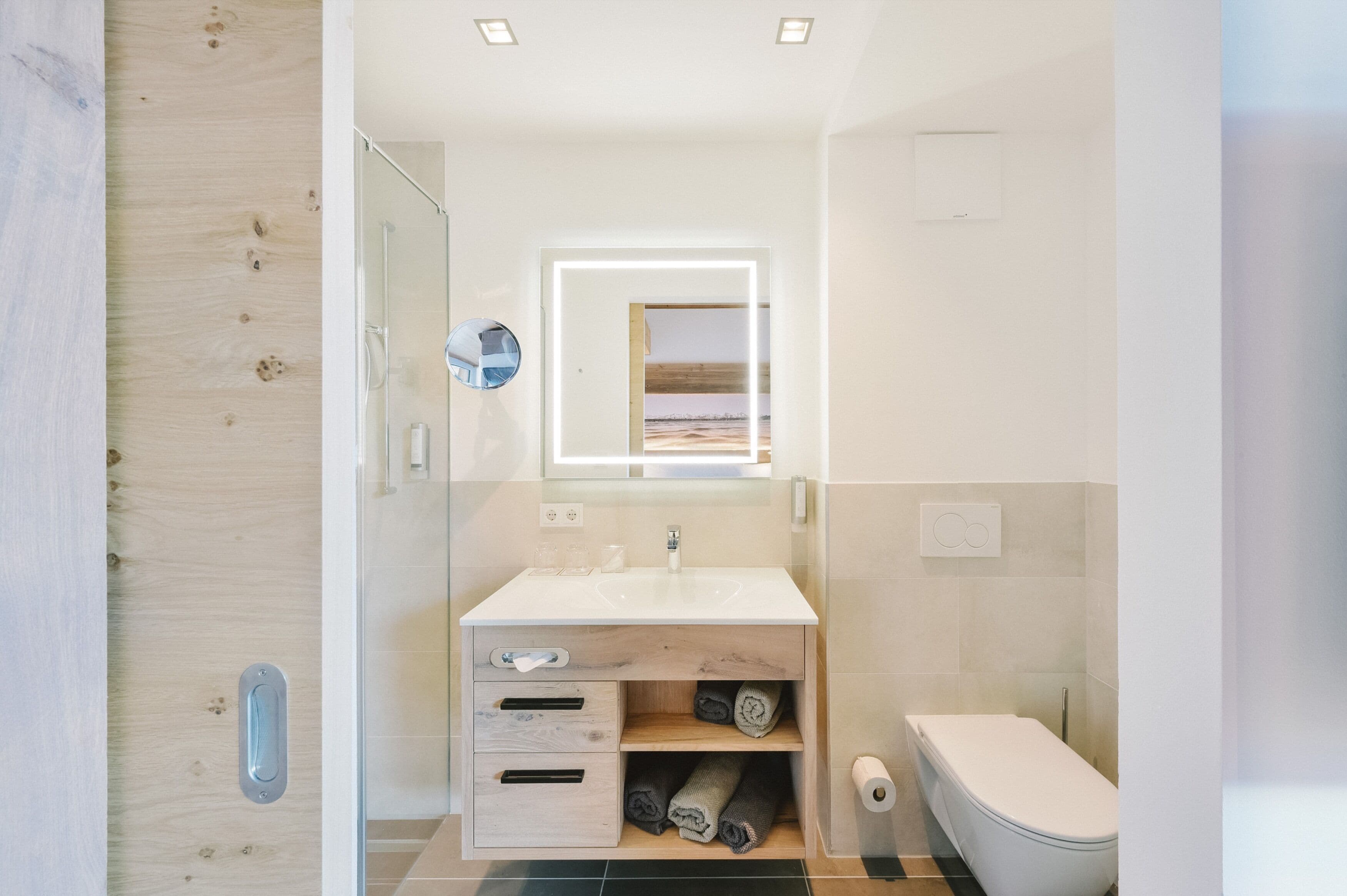 A modern bathroom with a glass shower enclosure, a white sink, a mirror with a landscape view, and a toilet.