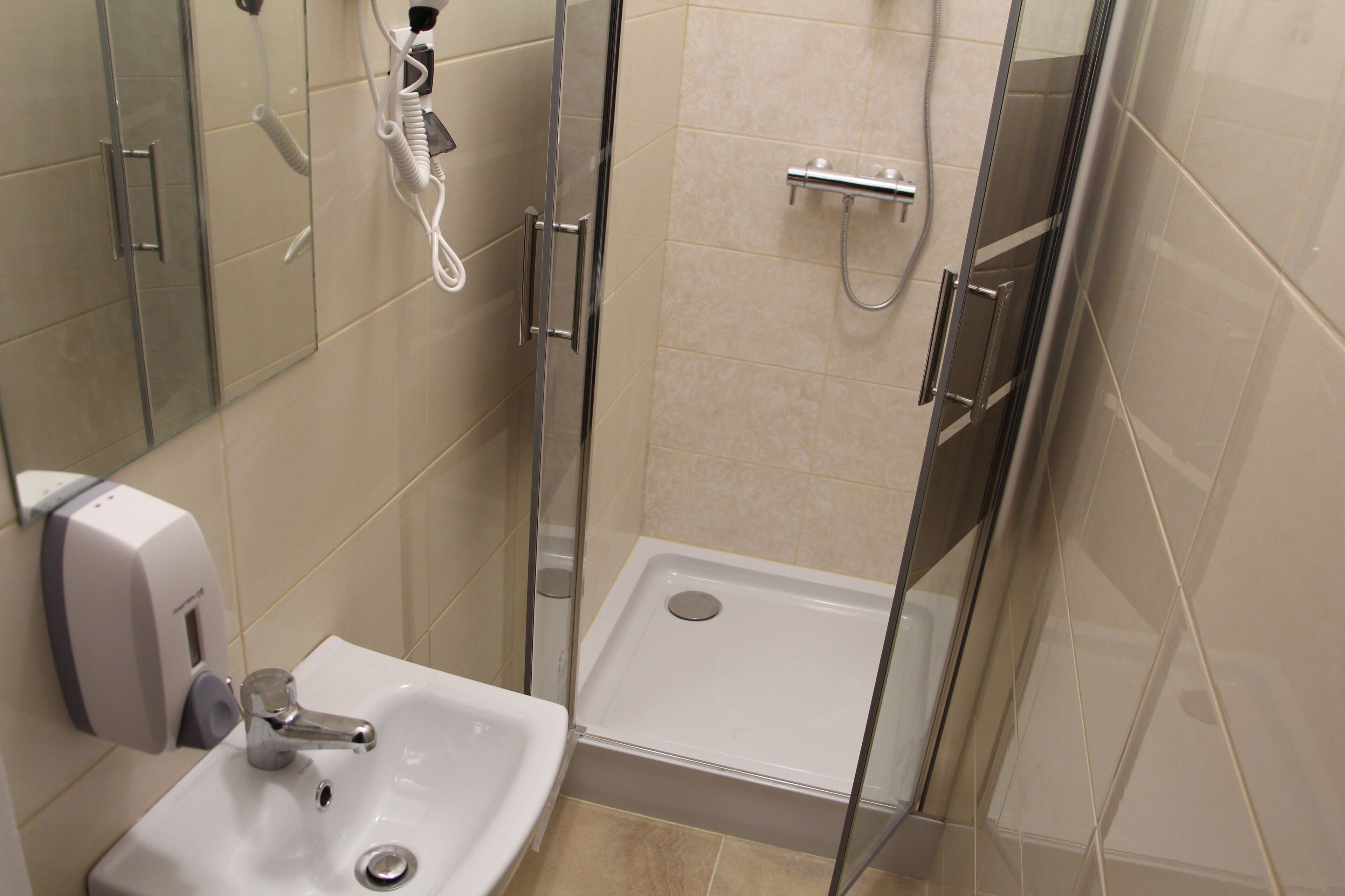 A modern bathroom with a glass-enclosed shower, a sink, and a handheld showerhead.