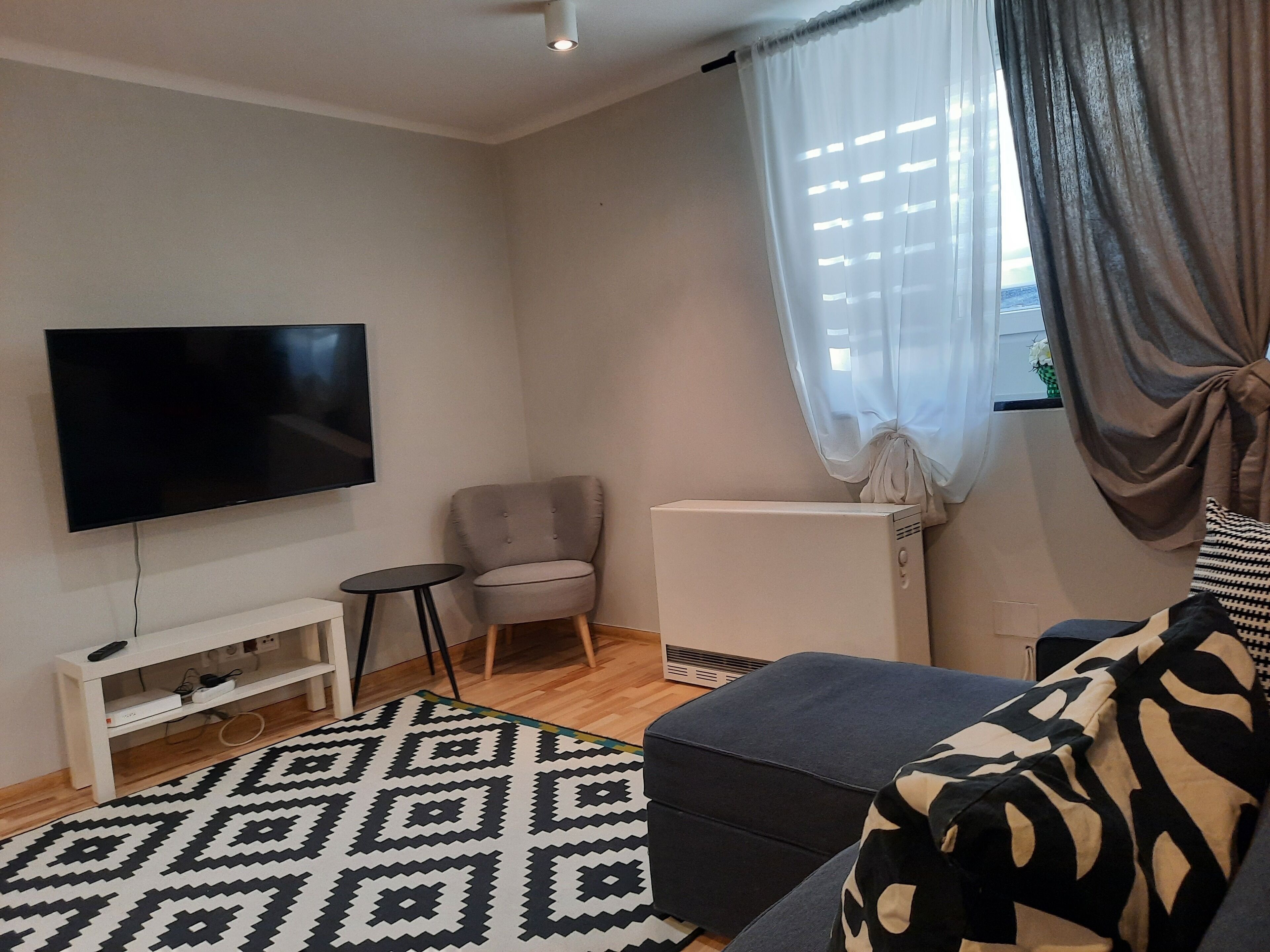 Un soggiorno con una TV a schermo piatto, una poltrona grigia, un tavolino rotondo, un divano, un tappeto decorato e un termosifone.