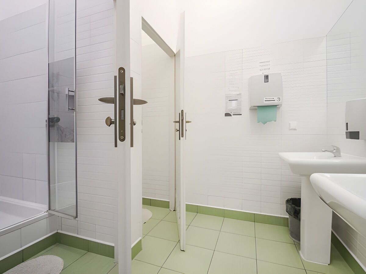 A modern bathroom with a glass shower enclosure, a white sink, and a toilet.