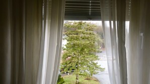 Ein Fenster mit durchscheinenden Vorhängen, durch das ein Blick auf einen Baum und eine Straße ins Freie fällt.