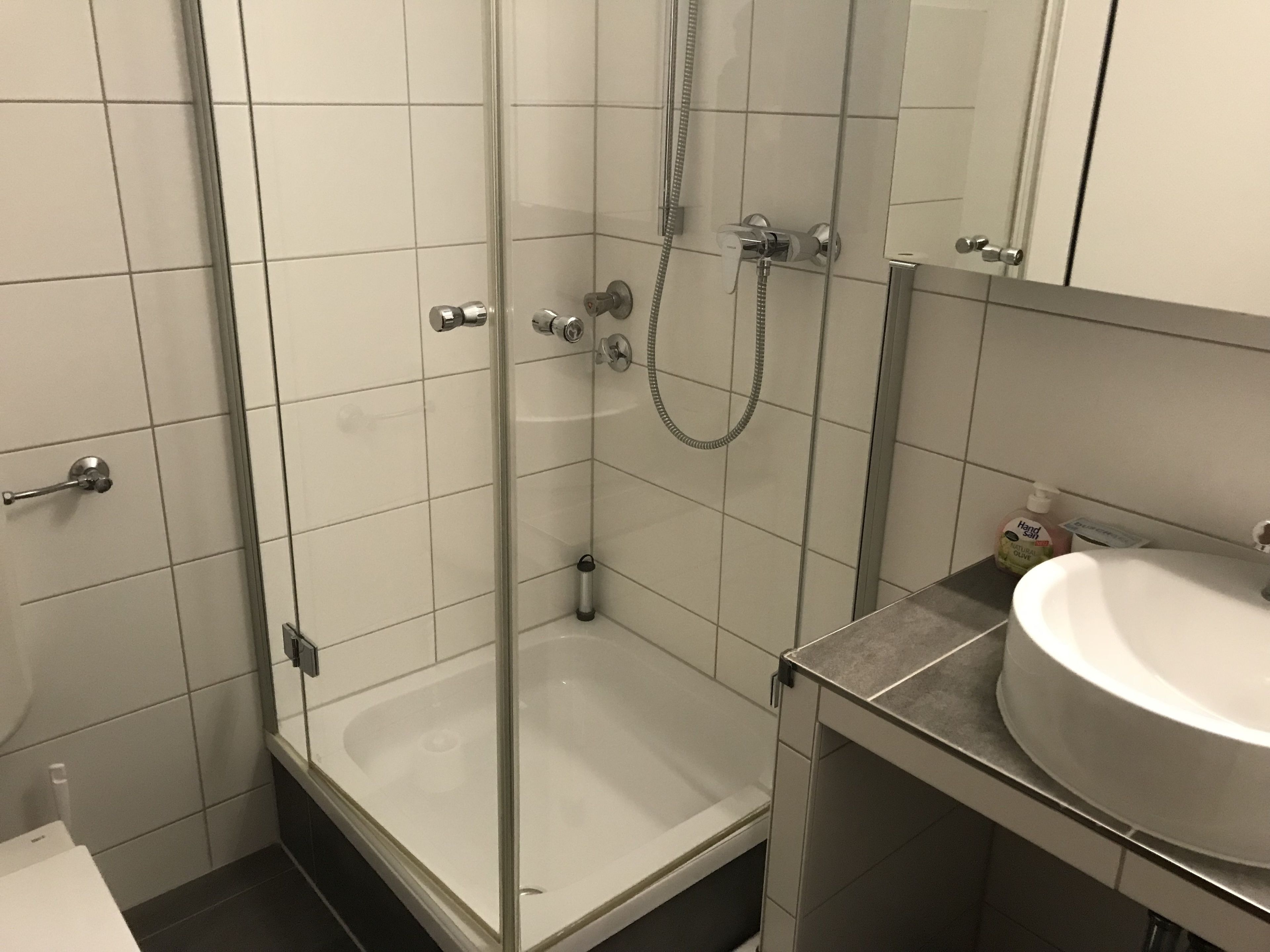 Een badkamer met een douche met glazen wand, een wastafel en een spiegel.