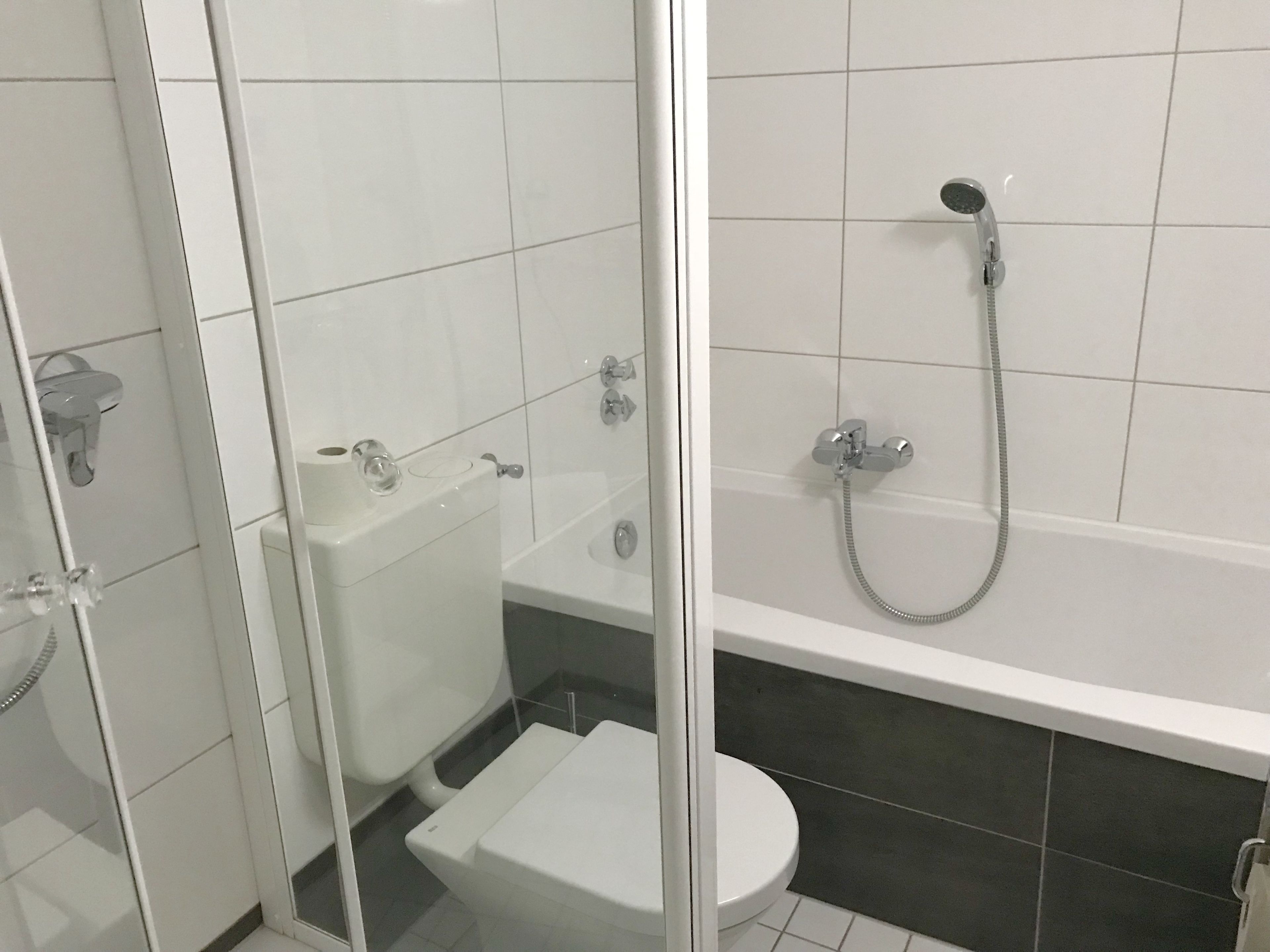 Une salle de bain avec des toilettes, une douche et une baignoire.