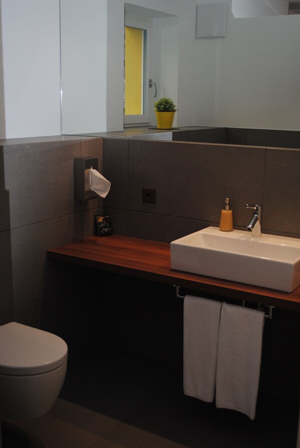 A bathroom with a wooden countertop, a white sink, a towel rack, a toilet, and a potted plant. - Hotel du Soleil (Saint-Leonard)