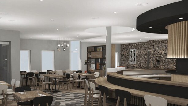 A modern restaurant with multiple dining tables and chairs, a bar area, and a stone wall accent.