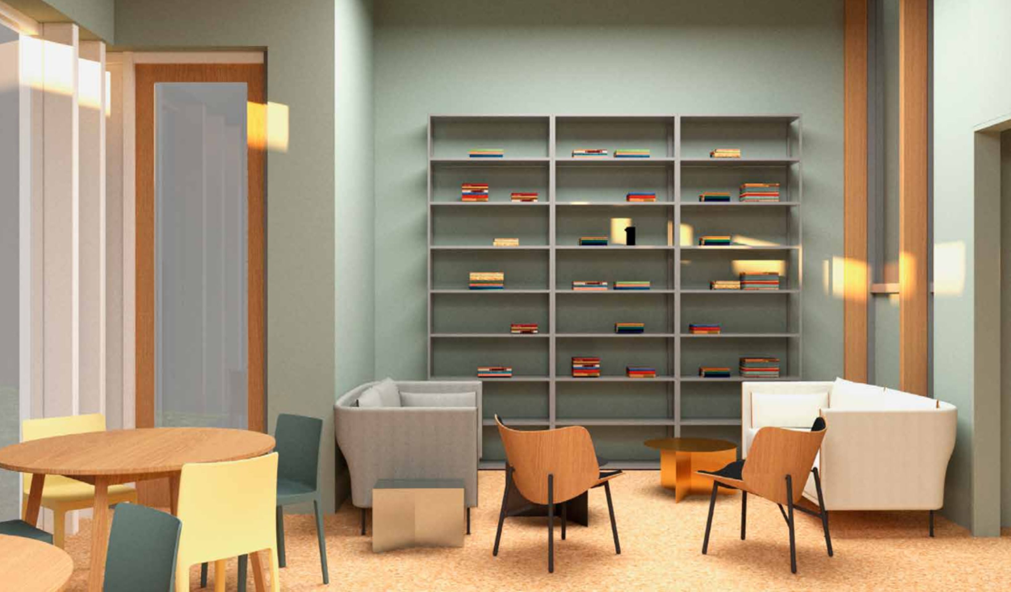 Een moderne bibliotheek met een boekenkast, stoelen en een tafel.
