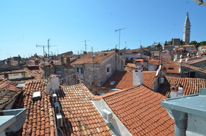 On aperçoit des toits recouverts de tuiles en terre cuite, surmontés de nombreuses antennes et de paraboles, ce qui témoigne d’une zone urbaine densément peuplée, caractérisée par une architecture historique.