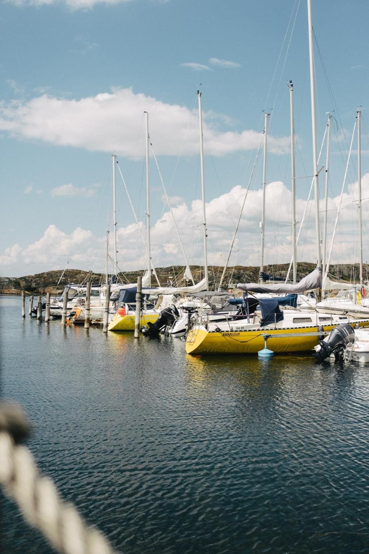 A marina with multiple sailboats docked at wooden piers.
