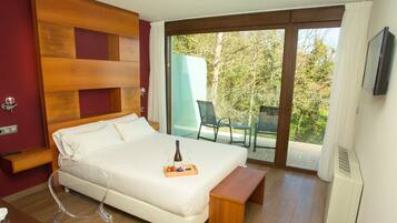 Habitación de hotel con una cama grande, una mesita de noche, un televisor, un balcón con una silla y un cabecero de madera.