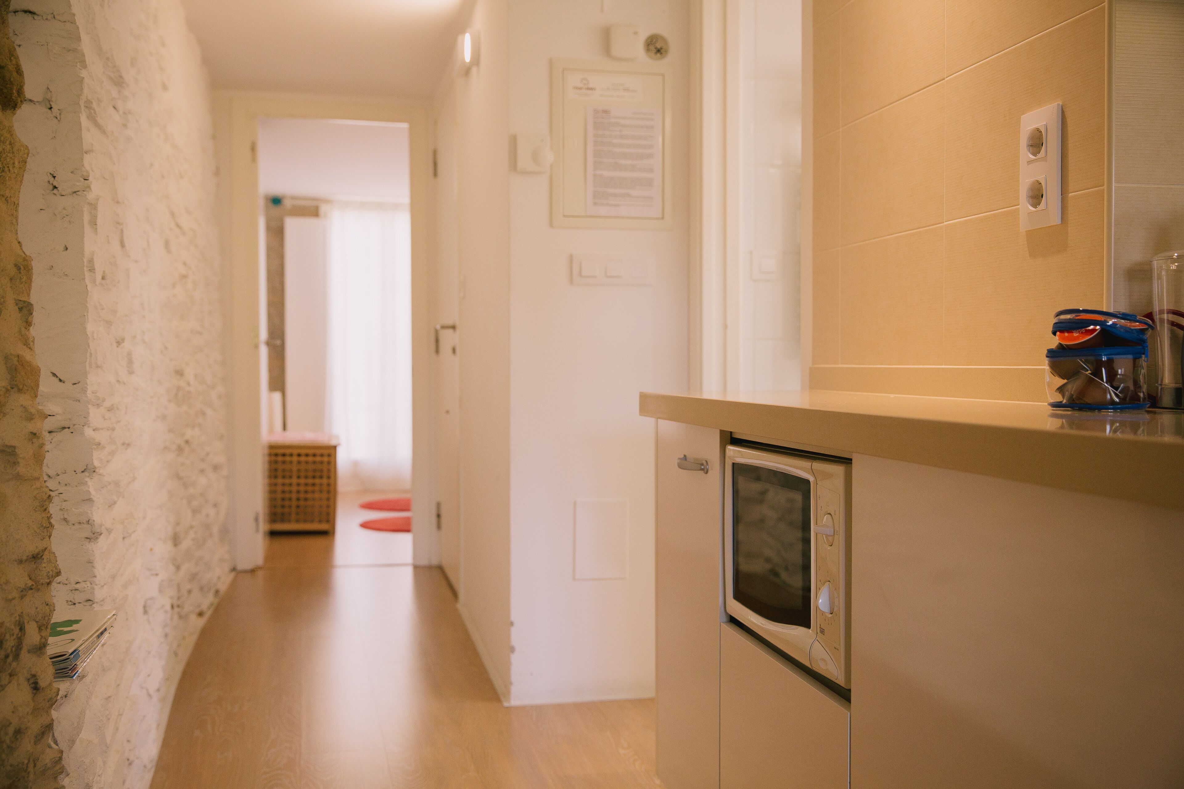 A hallway with a wooden floor, a white door, and a small appliance on the right.