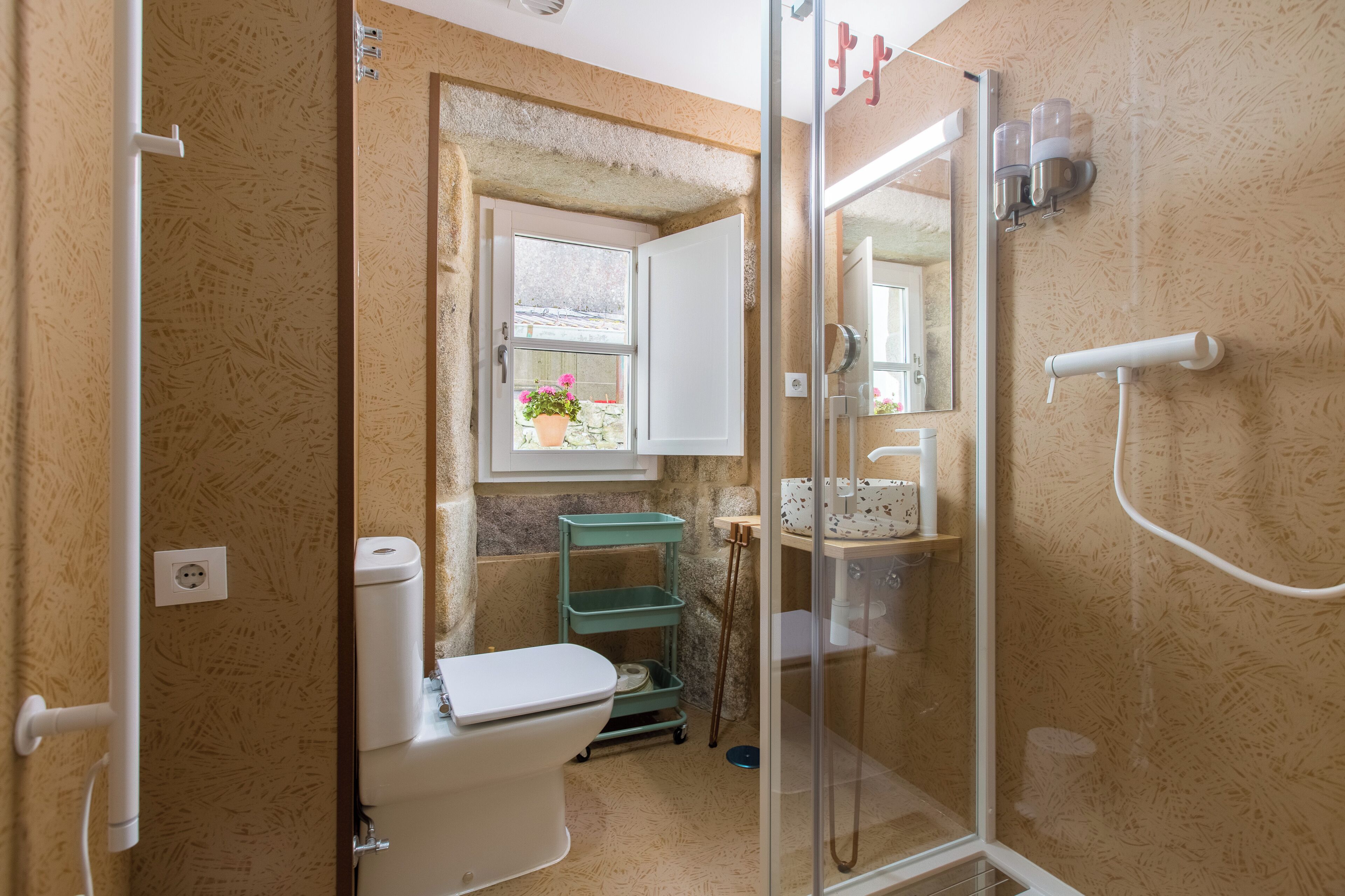 A bathroom with a toilet, shower, and a window with a plant.