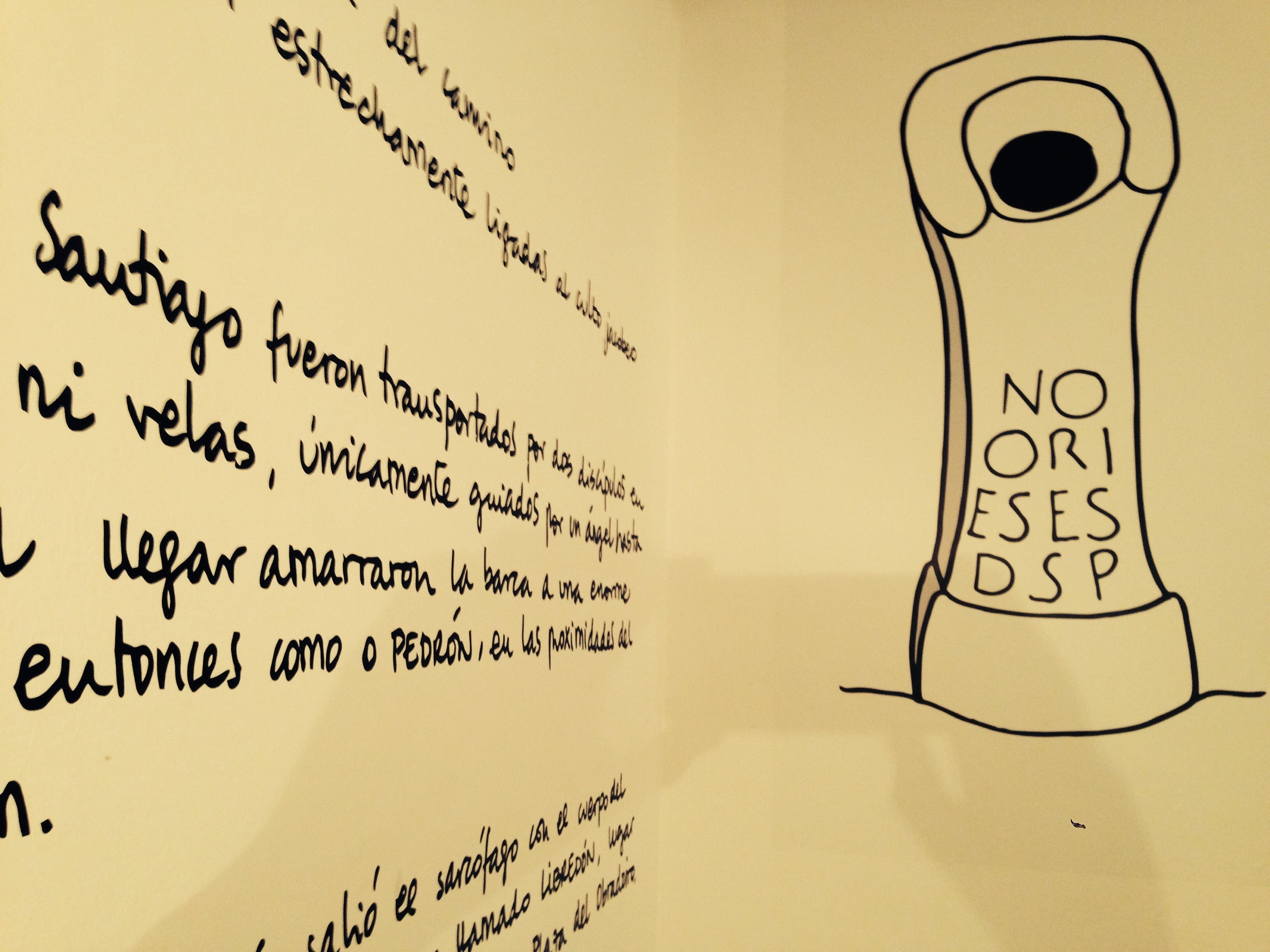 A hand-drawn illustration of a no-entry sign with the text "NO ORI ESES DSP" and a sketch of a building with a window and a door.
