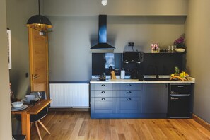 Lägenhet City - 1 dubbelsäng med bäddsoffa - utsikt mot staden | Eget kök | Kylskåp, mikrovågsugn, spishäll och vattenkokare
