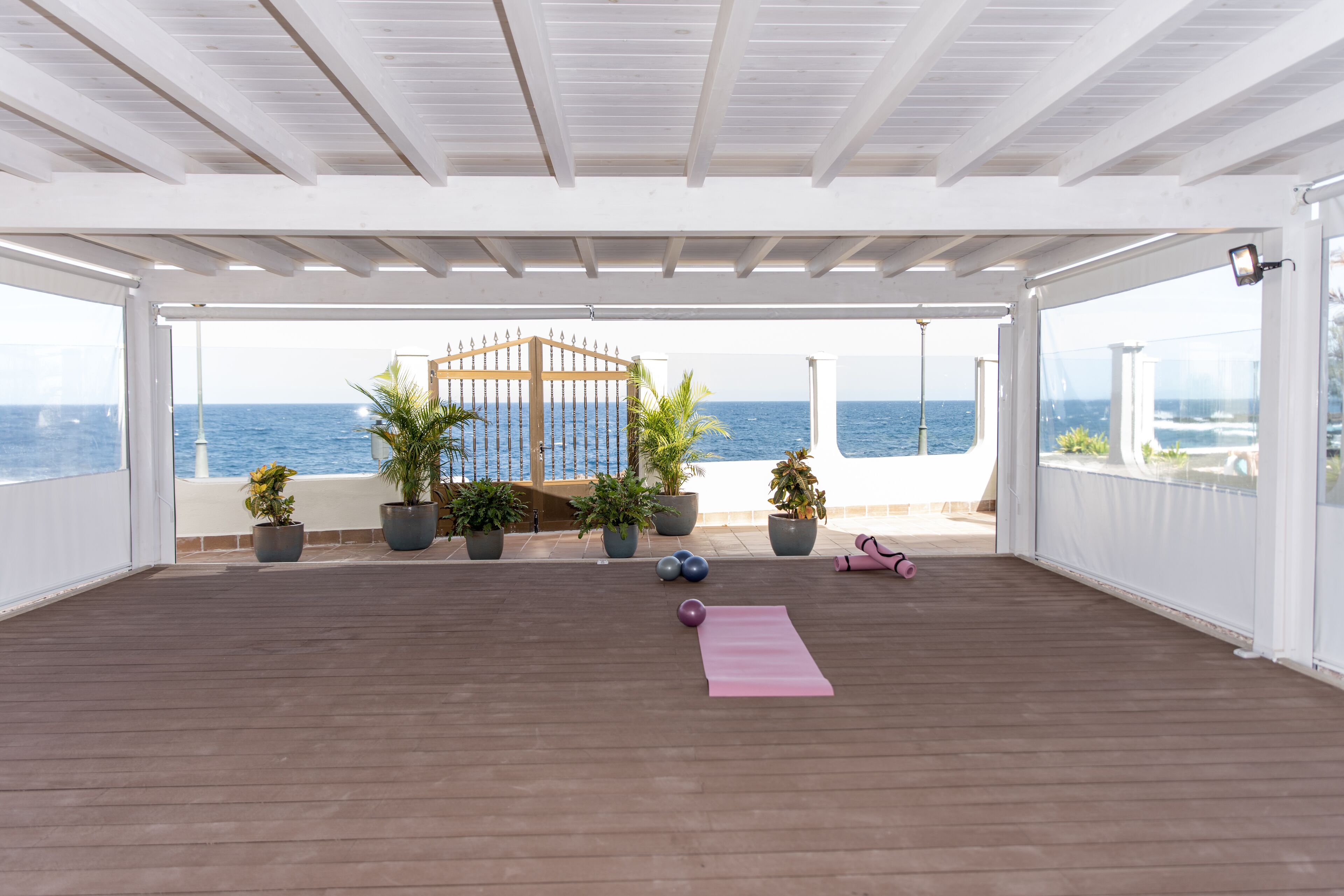 A covered outdoor area with a wooden deck, potted plants, exercise equipment, and a view of the sea.