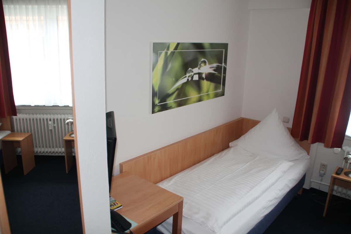 A single bed with a wooden headboard, a bedside table, a small desk, and a wall-mounted picture of a bird.