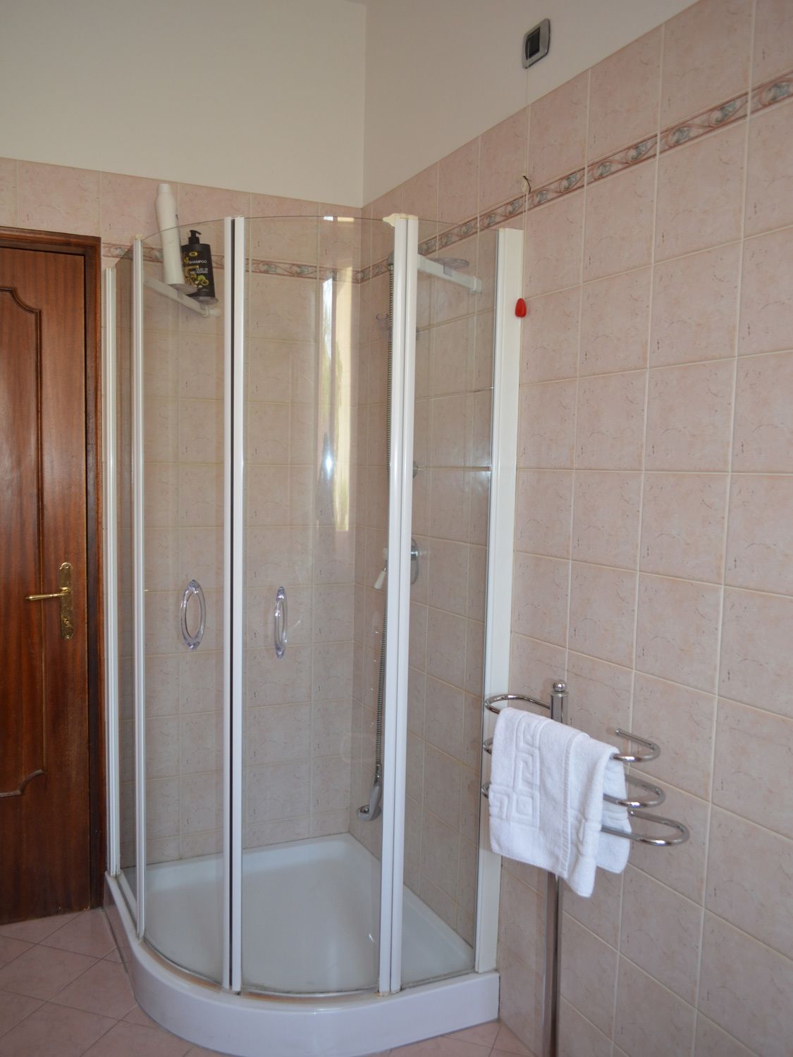 Ducha con puertas de vidrio, un perchero y una puerta de madera.