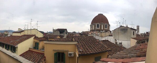 A cityscape with terracotta-tiled rooftops, a prominent dome structure, and a mix of building styles. - Amorino (Florence)