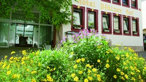 A building with a sign reading "Hotel Pfäaler Hof" and a garden with yellow flowers in front. - Hotel Pfälzer Hof (Edenkoben)
