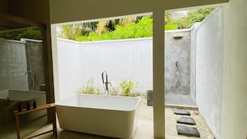 Villa, 1 King Bed, Ocean View | Bathroom | Separate bathtub and shower, rainfall showerhead, hair dryer, bathrobes