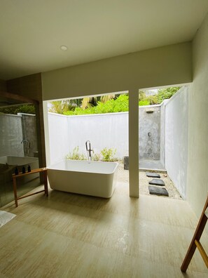 Villa, 1 King Bed, Ocean View | Bathroom | Separate tub and shower, rainfall showerhead, hair dryer, bathrobes - Rahaa Resort Maldives (Kudafares)