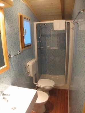 A bathroom with a toilet, a sink, and a shower enclosure.