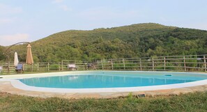 Seasonal outdoor pool, pool umbrellas, pool loungers