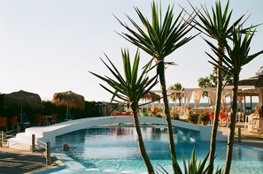 Outdoor pool, pool umbrellas, pool loungers