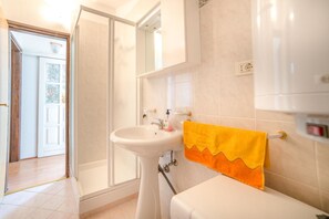 A bathroom with a white sink, a toilet, and a shower.