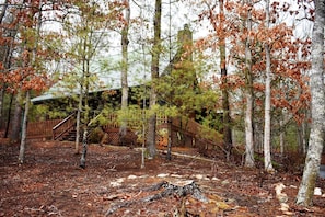 A forested area with a wooden staircase leading up to a building. - Chasing Rainbows (Mineral Bluff)