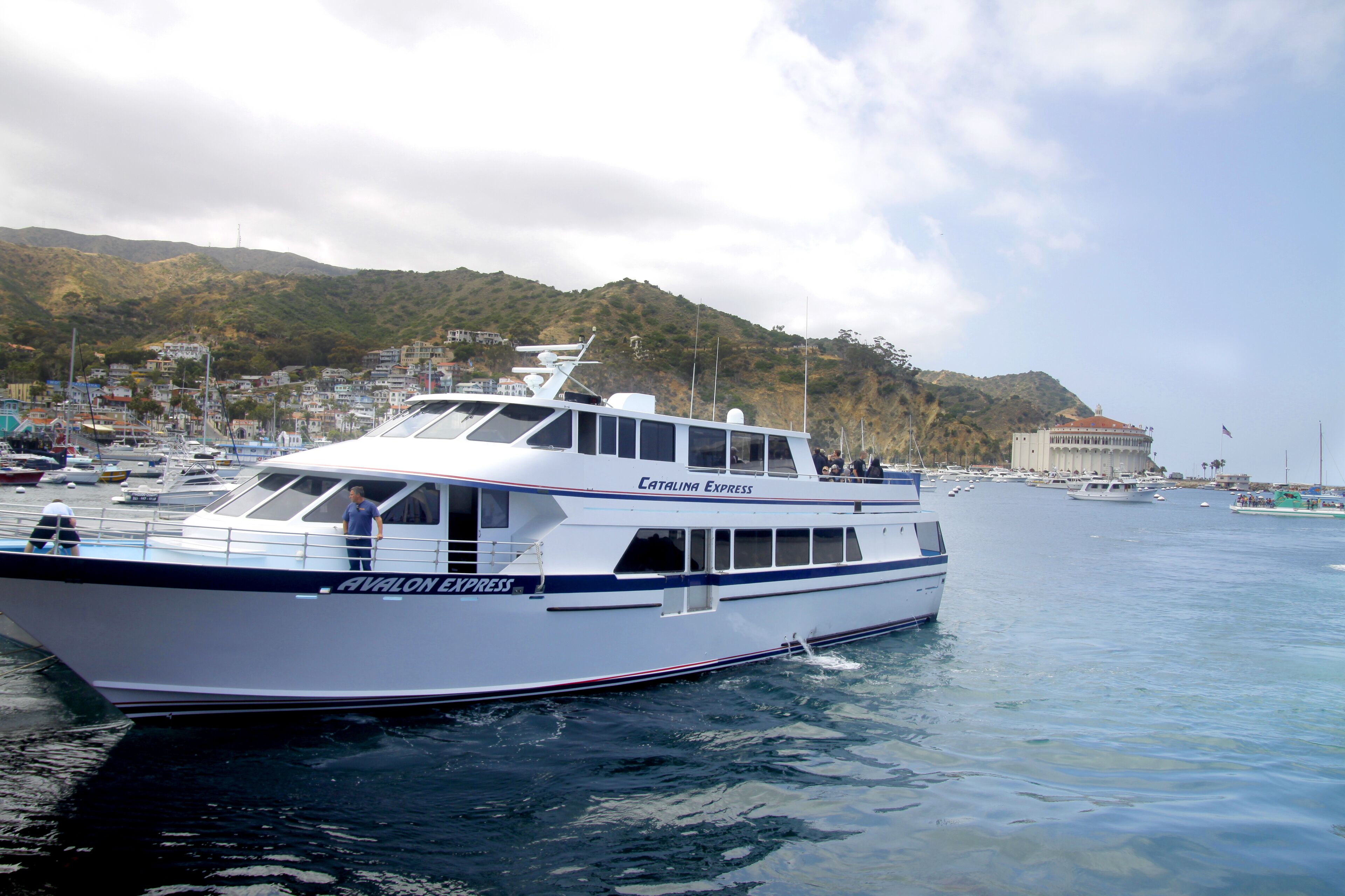 A white boat named 'Catalina Express' with a blue stripe, docked in a harbor with buildings and hills in the background.