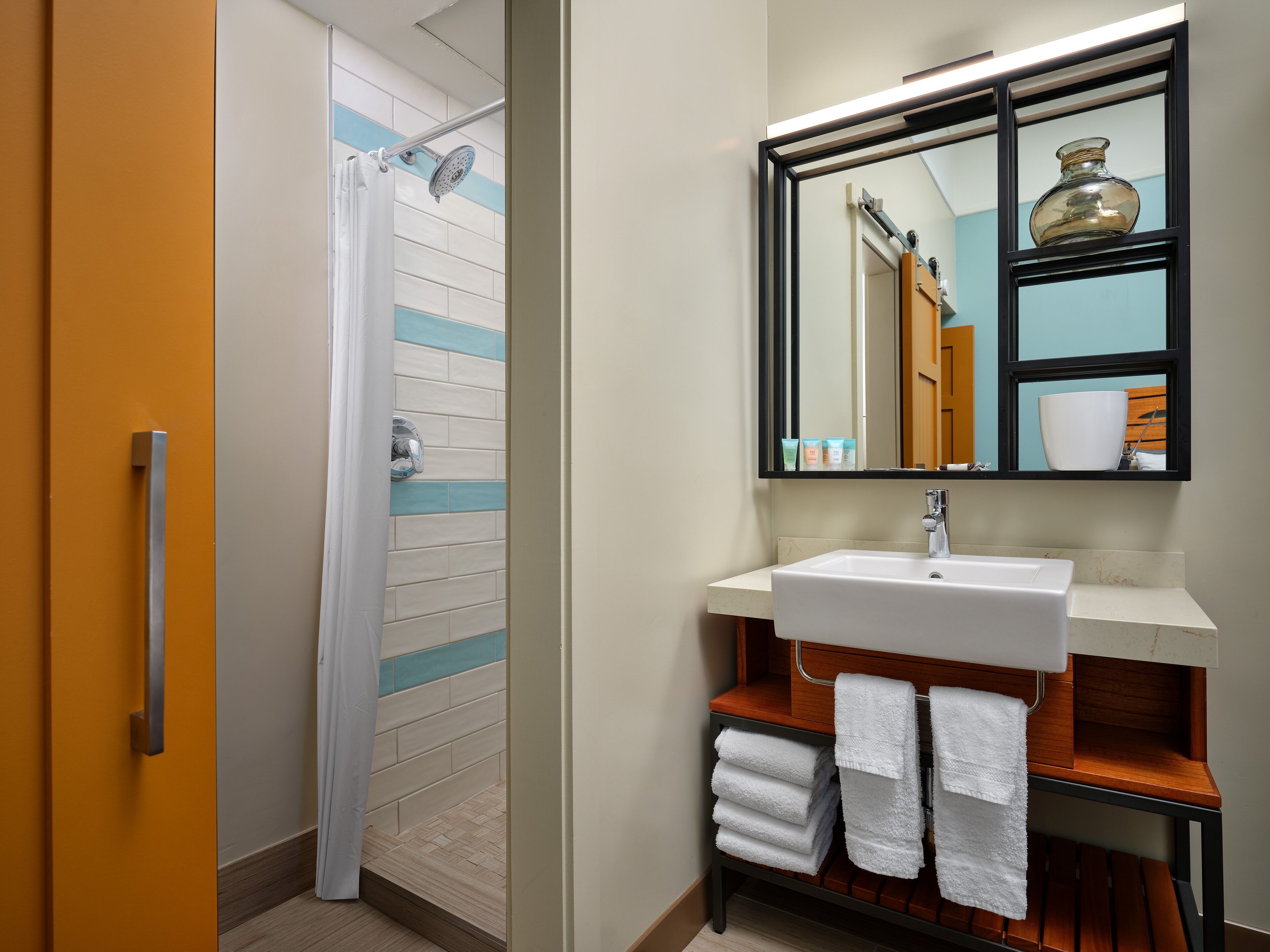 Une salle de bain avec une douche, un lavabo et un miroir.