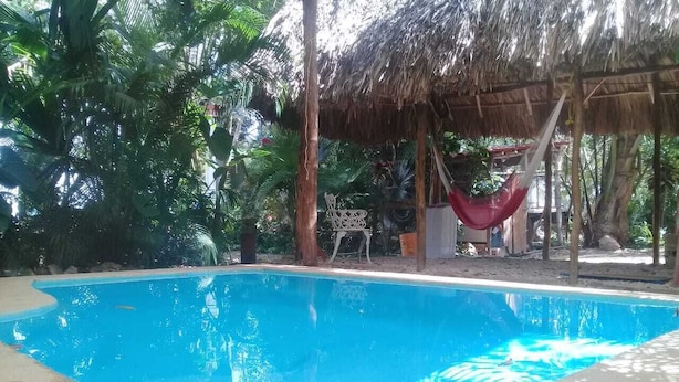 A swimming pool with a thatched roof structure nearby. - Casa Candil, cozy and intimate Mayan corner (Pixoy)