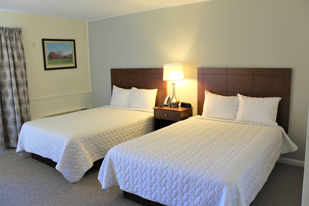 Two queen-sized beds with white bedding, a nightstand with a lamp, and a framed picture on the wall.