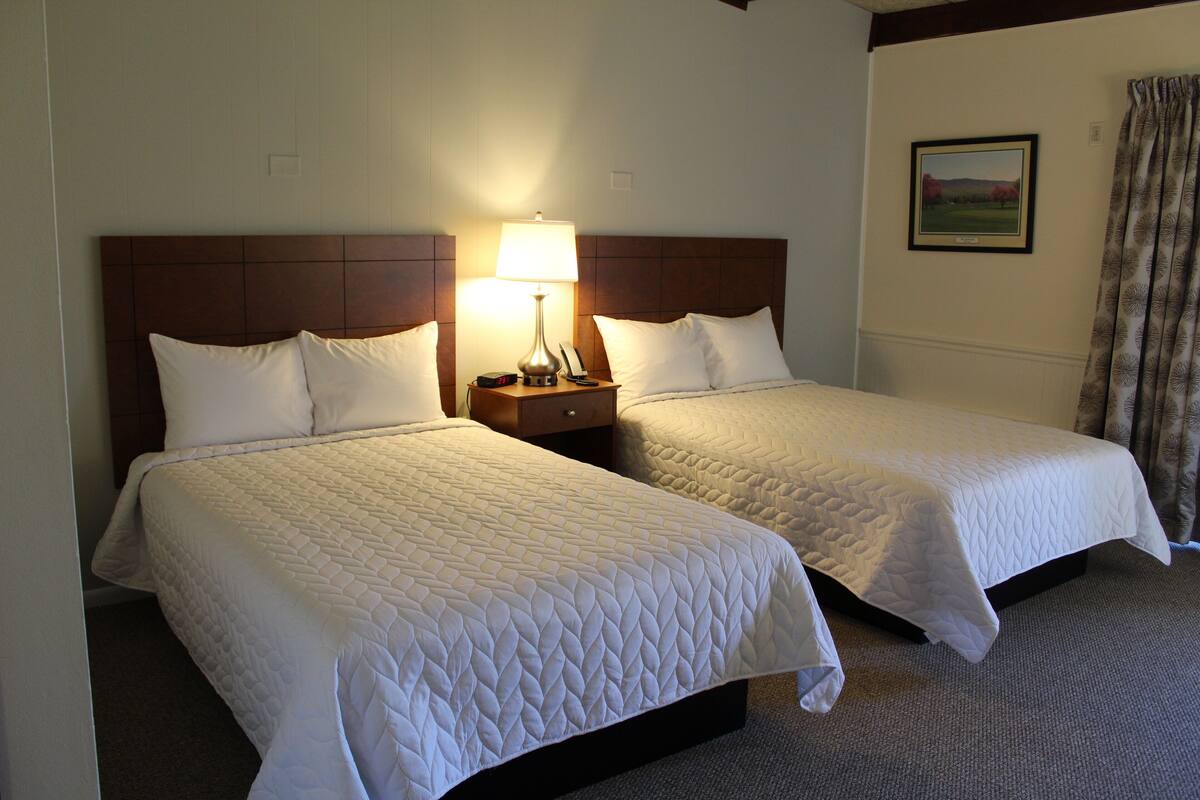 Two single beds with headboards, a bedside table with a lamp, and a framed picture on the wall.