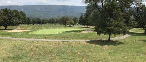 A golf course with a clear path, trees, and distant mountains.